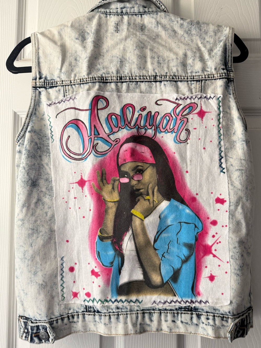 Aaliyah Denim Vest 90s Hand-Stitched Small acid wash Custom